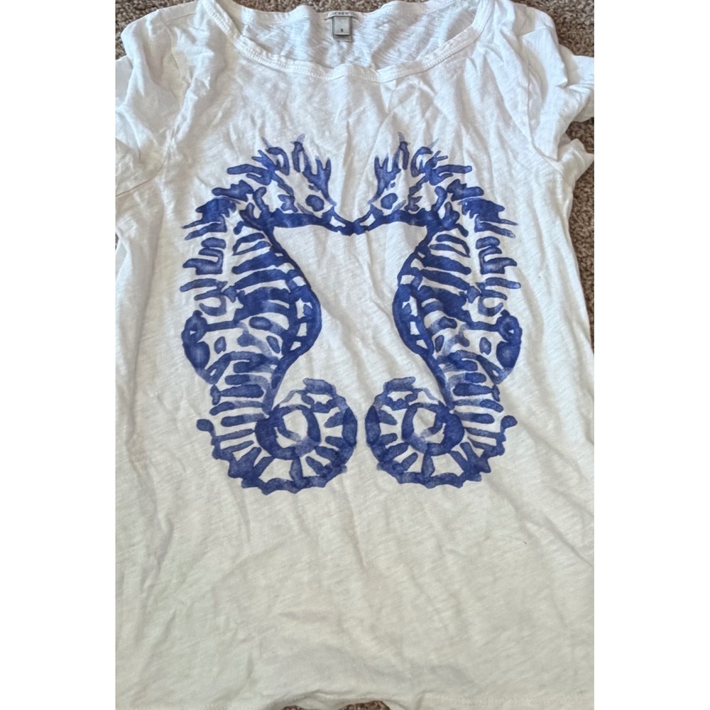 J.Crew Womens White Slub Cotton Seahorse Graphic T-Shirt Small 01062